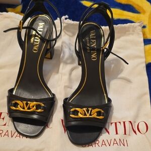 Valentino Garavani Black Block Heels with Gold Accents Classic Elegance